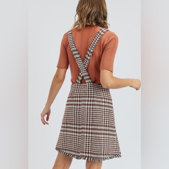 NWT Tea N Rose Brown and White Overall Houndstooth Pinafore Dress Raw Hem - Picture 2 of 12